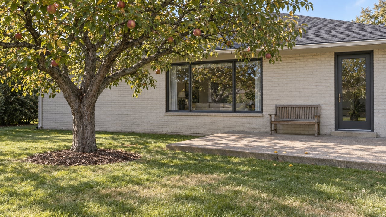 An updated pale-brick home with a glazed patio door and raised concrete terrace beside a mature apple tree in an autumn backyard.