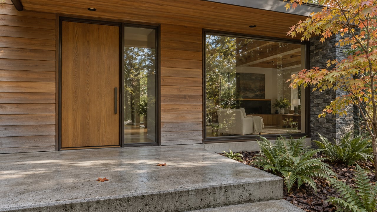 Cedar-clad home entry beneath a broad roof, with bronze-framed windows, a concrete landing and an amber-leaved vine maple.