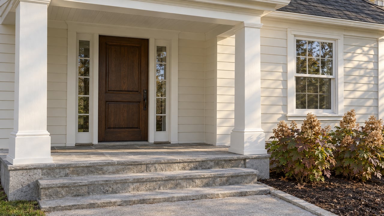 Raised limestone porch and steps at an ivory clapboard home, with an oak door and autumn oakleaf hydrangeas.
