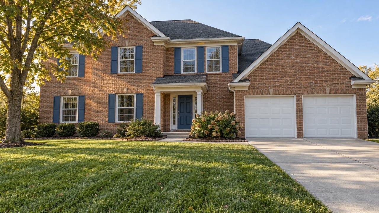 Two-story brick home with blue shutters, a deep lawn, and a mature maple in afternoon light.