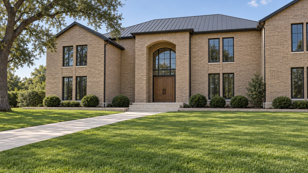 A broad warm-brick residence with dark metal roofs, tall black-framed windows and a recessed oak entry beyond a deep manicured lawn.