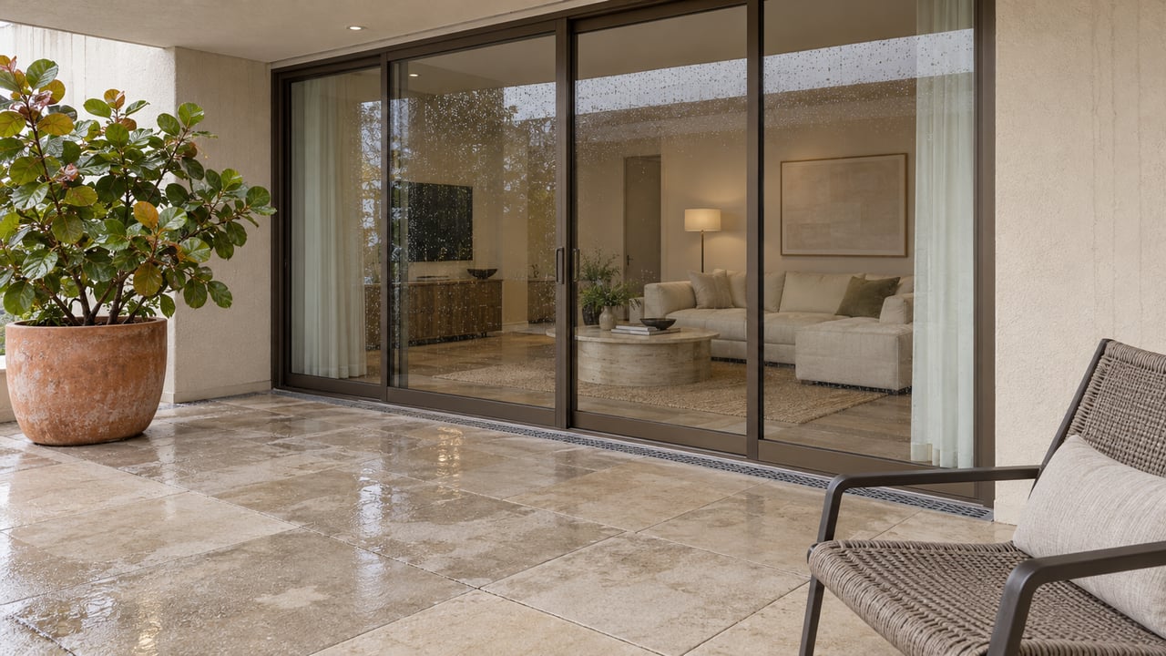 Rain-dappled limestone apartment terrace with bronze-framed glass doors, ivory stucco and a sculptural sea grape in a terracotta container.