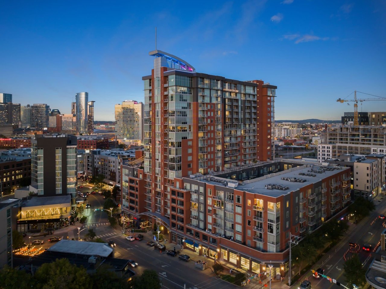 Exterior of The Icon in the Gulch, luxury high-rise condo building in Nashville’s vibrant Gulch neighborhood.