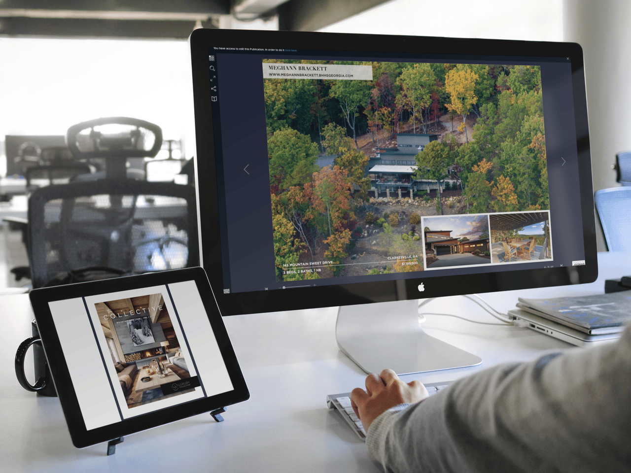 The collective mountain and lake on a computer and an ipad