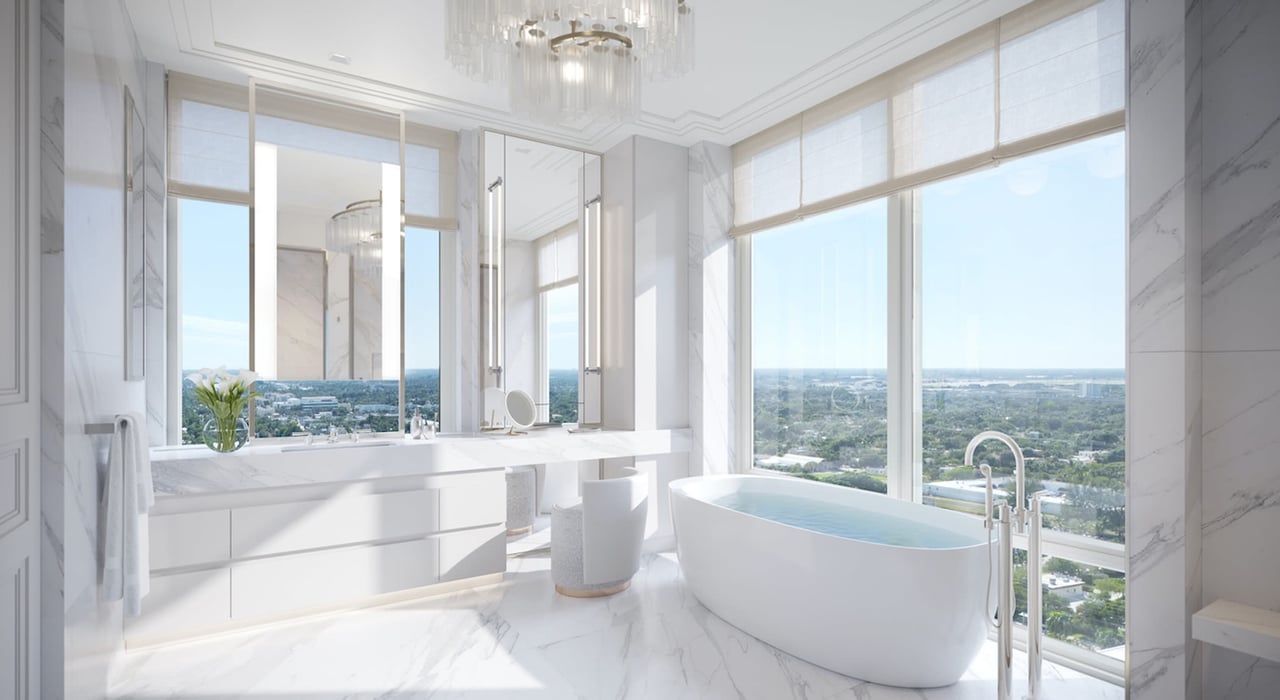 South Flagler House white marble master bathroom all glass walls