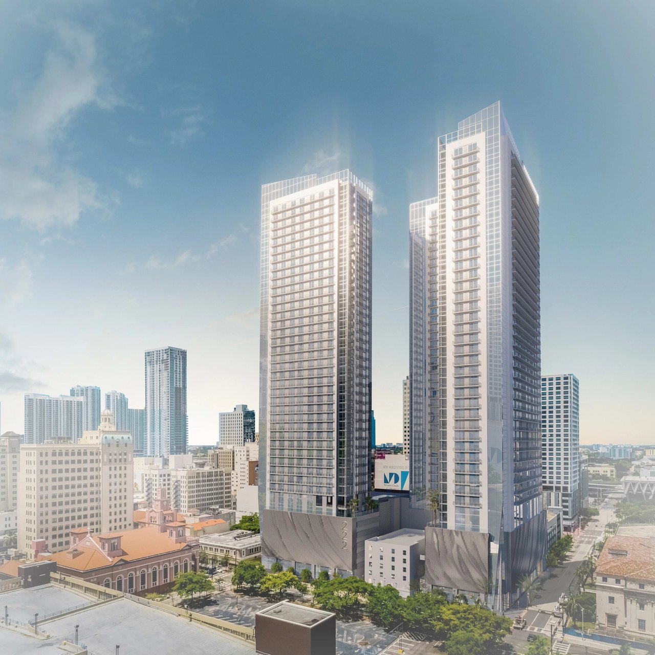 Construction has commenced on two towering structures, known as the 222 Namdar Towers, in the heart of Downtown Miami. Spanning an expansive 1.3 million square feet, these impressive edifices will house a total of 1,394 residential units across 43 stories each. (Posted March 2024)