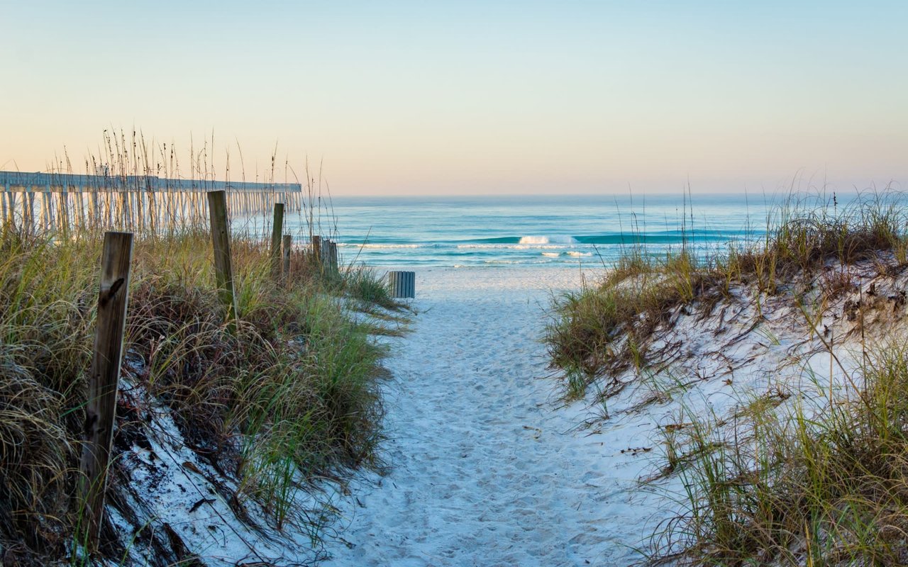 A sandy path with a broken wooden fence leading to a beach.