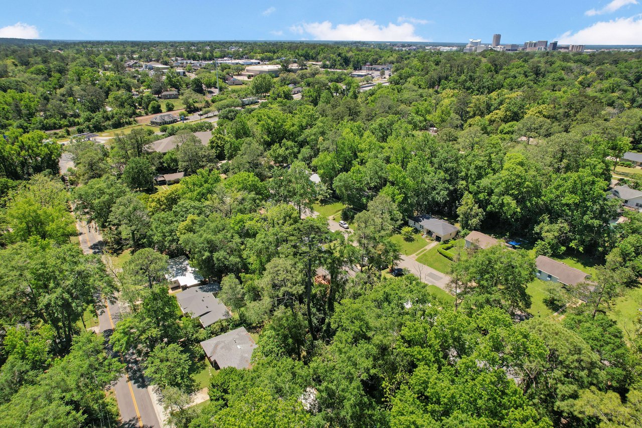 An aerial view of the Capital Hills neighborhood, showcasing houses, streets, and significant greenery.