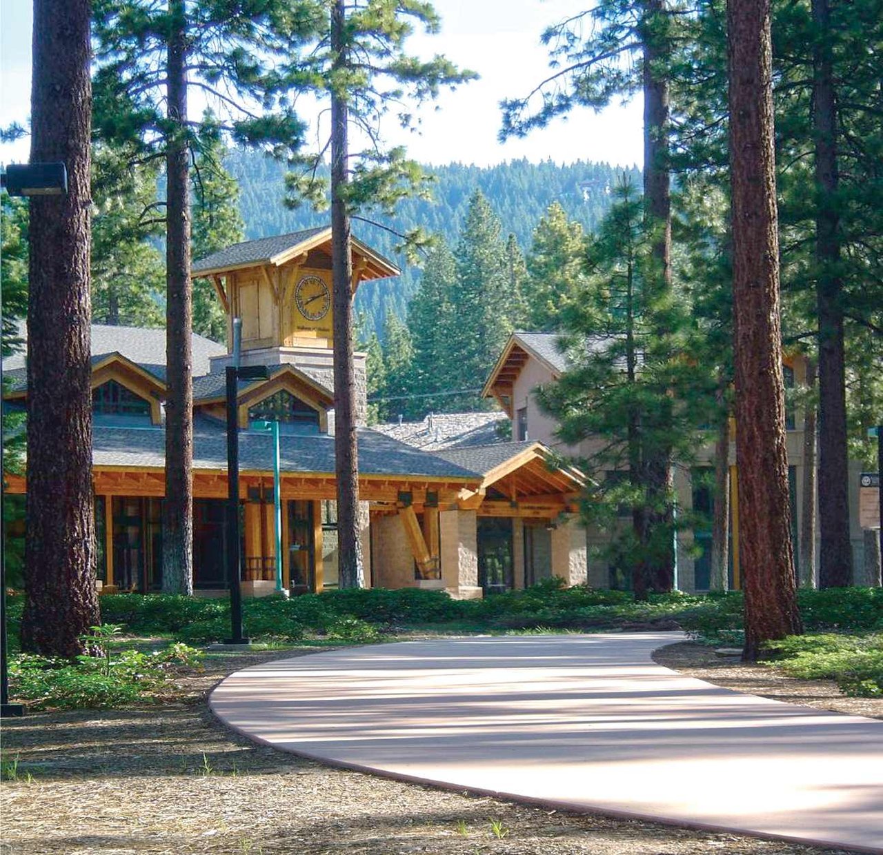 A clocktower stands above the Sierra Nevada University campus in Incline Village