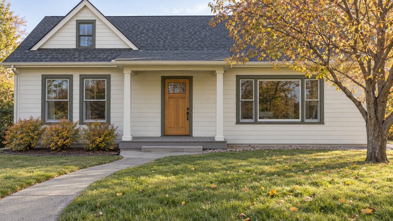 Autumn sunlight on an ivory wood-sided home with a shallow covered porch, concrete approach and copper-leaved serviceberry.
