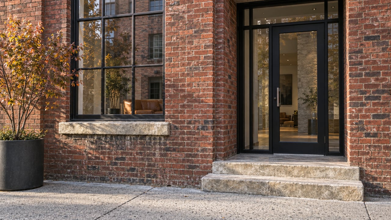 Morning light on a red brick loft entrance with black-framed glazing, worn limestone steps and a potted serviceberry.