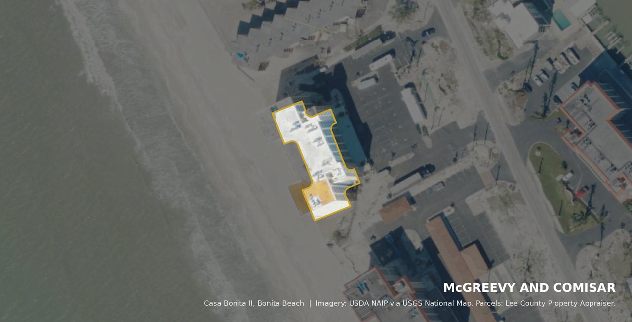 Aerial view of Casa Bonita II condominium, Bonita Beach, FL