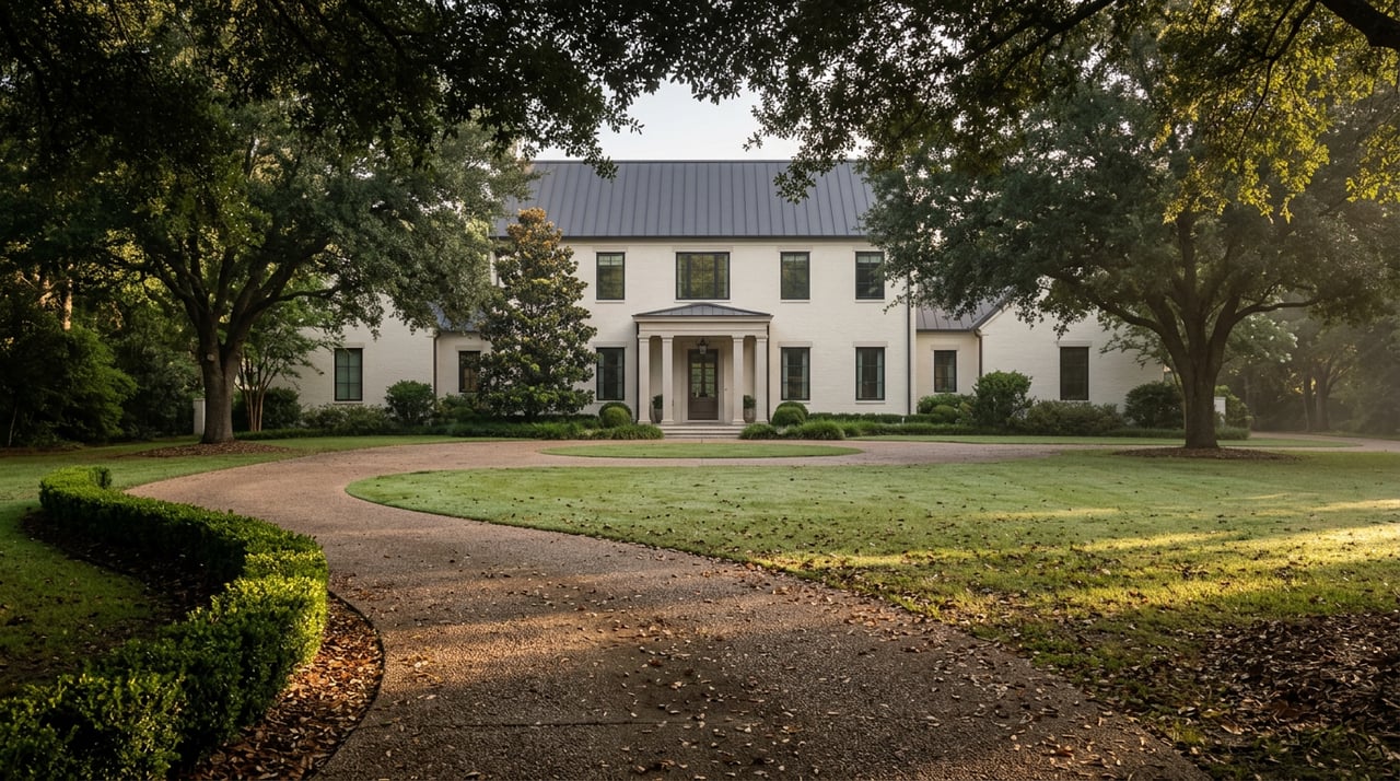 Long circular drive curves through mature oak trees toward a white brick estate with a limestone entry.