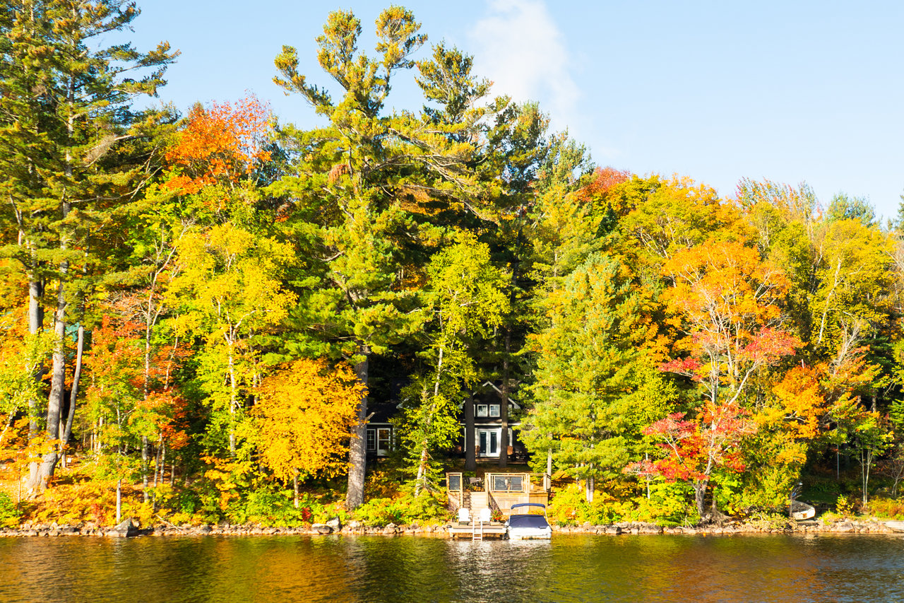 Wooded lakeside cottage with a dock and boat beneath colorful autumn trees.