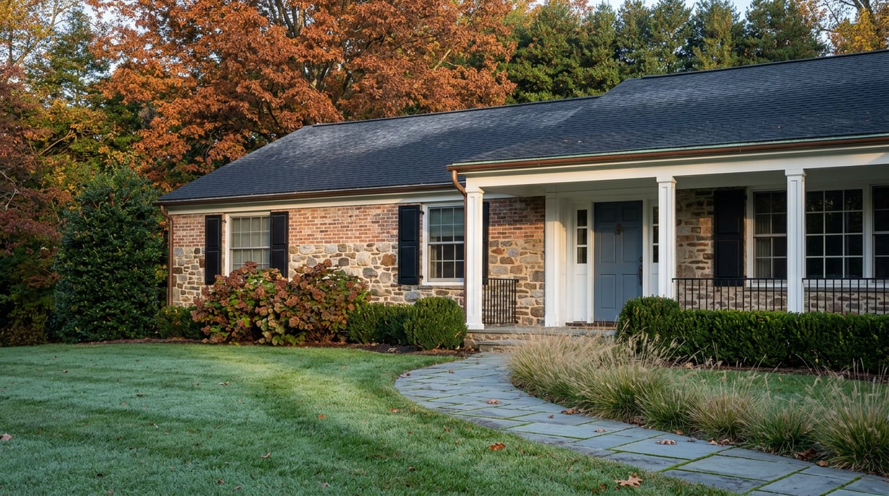 Stone-and-brick house with a white columned portico, blue door, curving bluestone walk, and russet oak canopy.