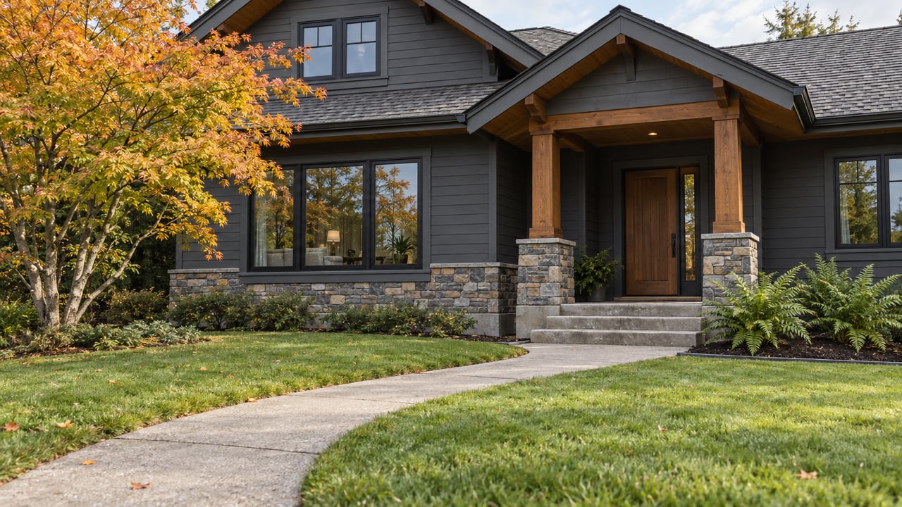 A charcoal-sided home with cedar soffits, a stone-based porch and a concrete walk across an autumn lawn.