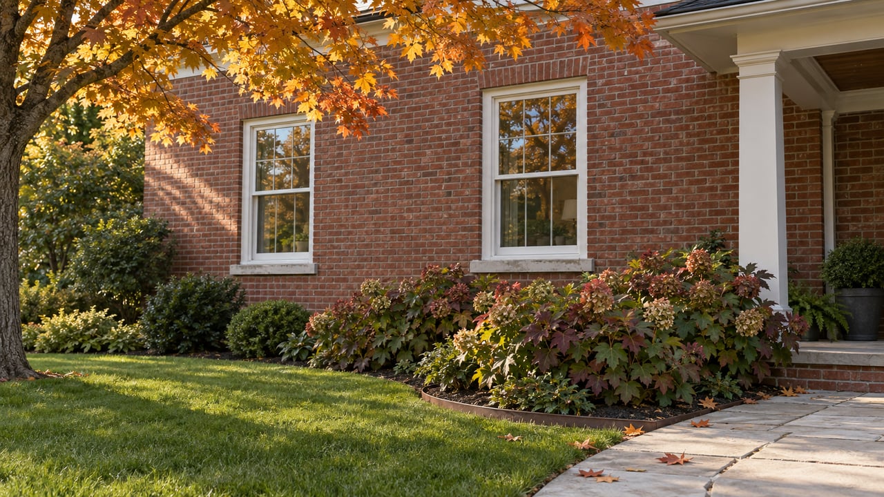 Red brick house with two white windows beneath copper-gold maple branches, beside a lawn and limestone path.