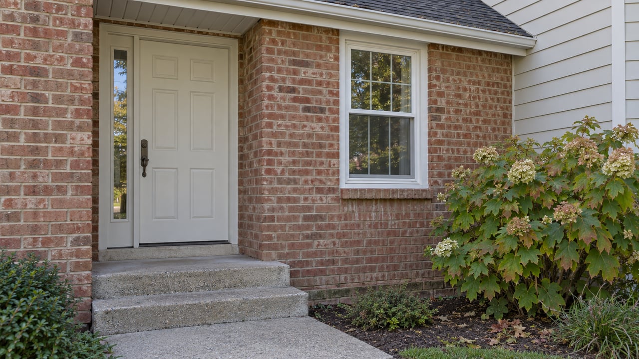 Brick house entry with an off-white paneled door, double-hung window, concrete stoop, and oakleaf hydrangea.