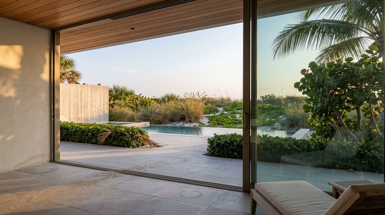 Beachfront terrace with an open glass doorway, teak chaise, and dune grasses along a sandy path.