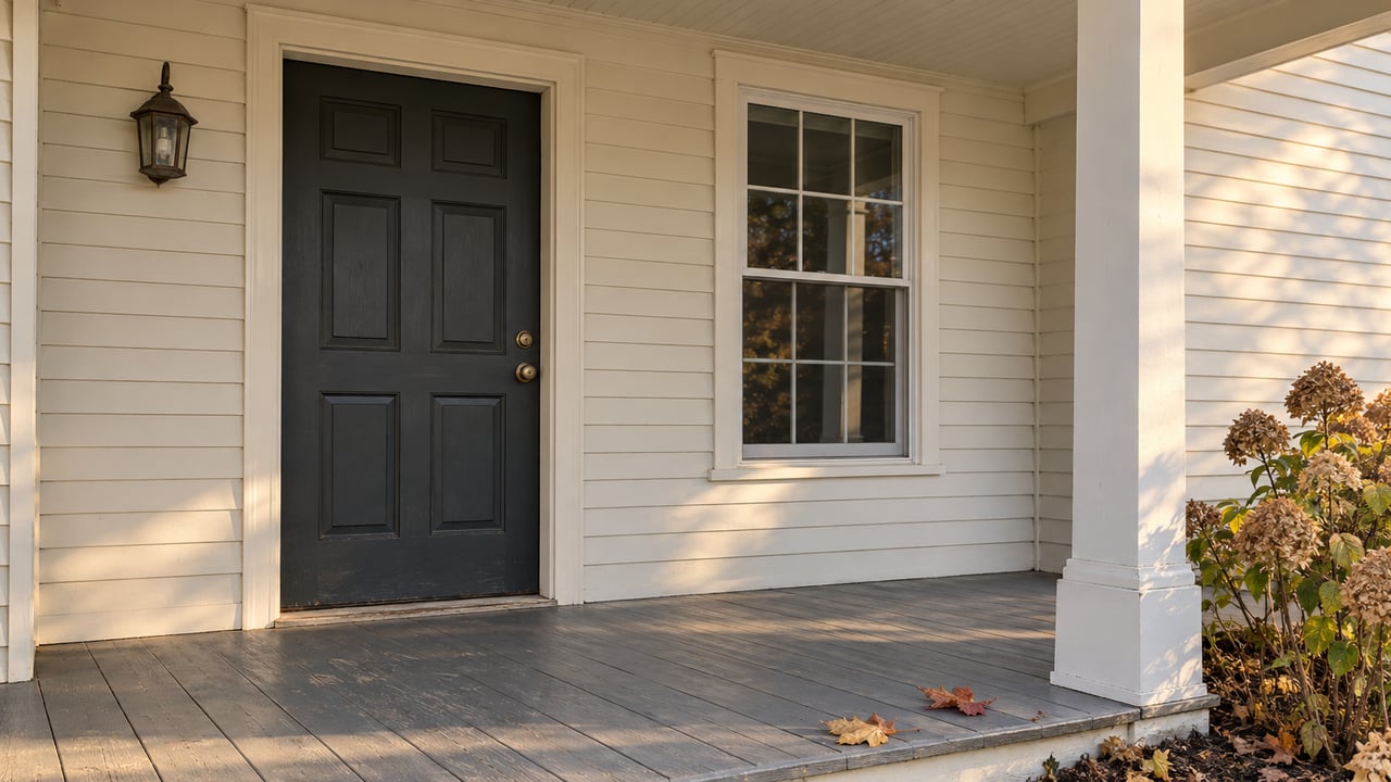 Autumn light across a covered entry with white clapboards, a charcoal door, gray porch boards and dried hydrangea blossoms.