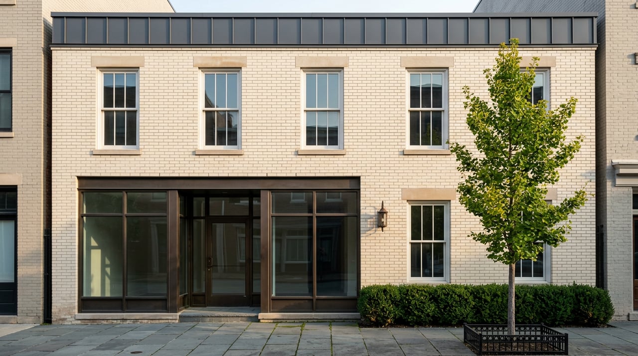 Two-story cream-brick storefront with bronze-framed windows, a ginkgo tree, and boxwood hedge along the sidewalk.