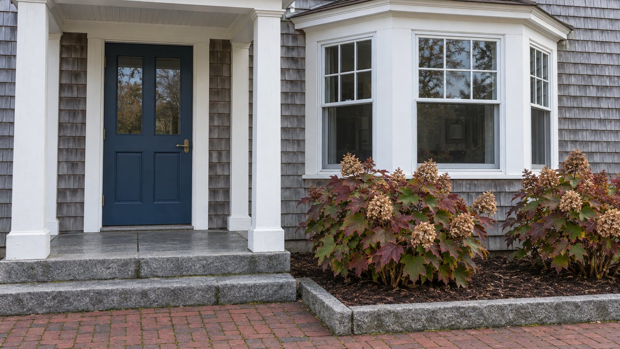 Cedar-shingled home with a blue door, white bay window, worn granite steps and autumn oakleaf hydrangeas.
