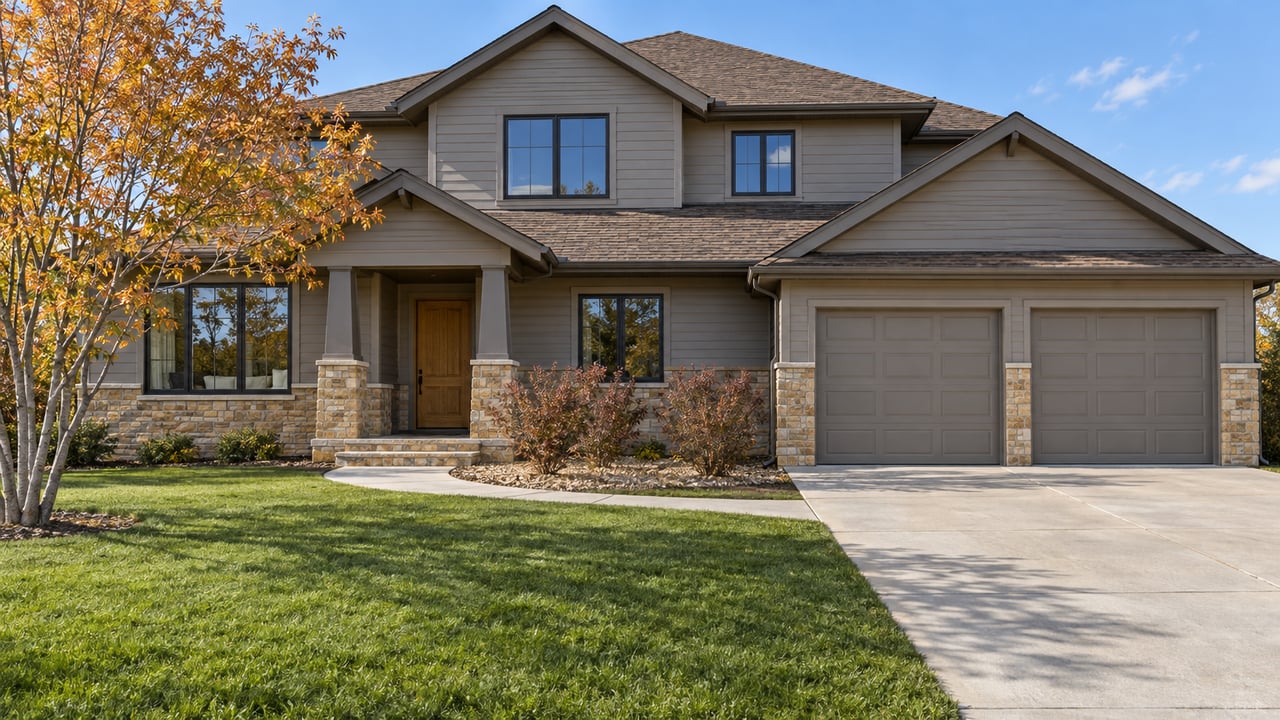 Two-story home with gabled shingle roofs, gray lap siding, sandstone trim and a deep front lawn in crisp autumn daylight.