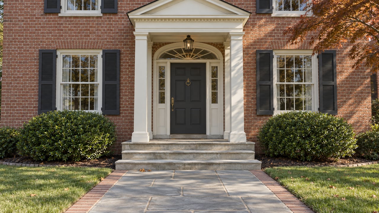 Red-brick home entrance with an ivory portico, charcoal door, paired sash windows and a flagstone approach in autumn light.