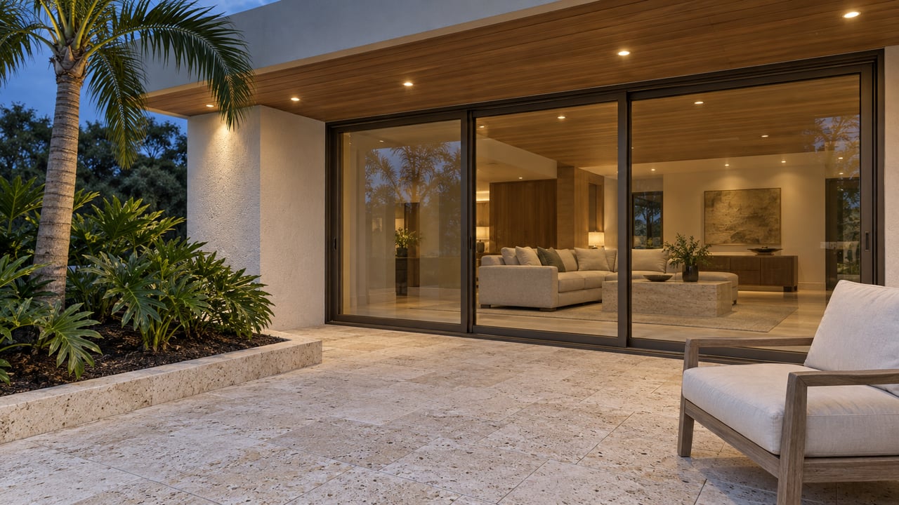 Blue-hour terrace with shellstone paving, teak lounge chair, a sculptural palm and bronze-framed glass doors opening visually onto a warmly lit living room.