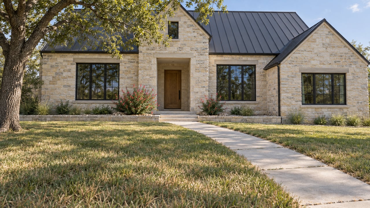 A limestone house with a dark gabled roof and black-framed windows behind a deep lawn, shaded on one side by a mature live oak.
