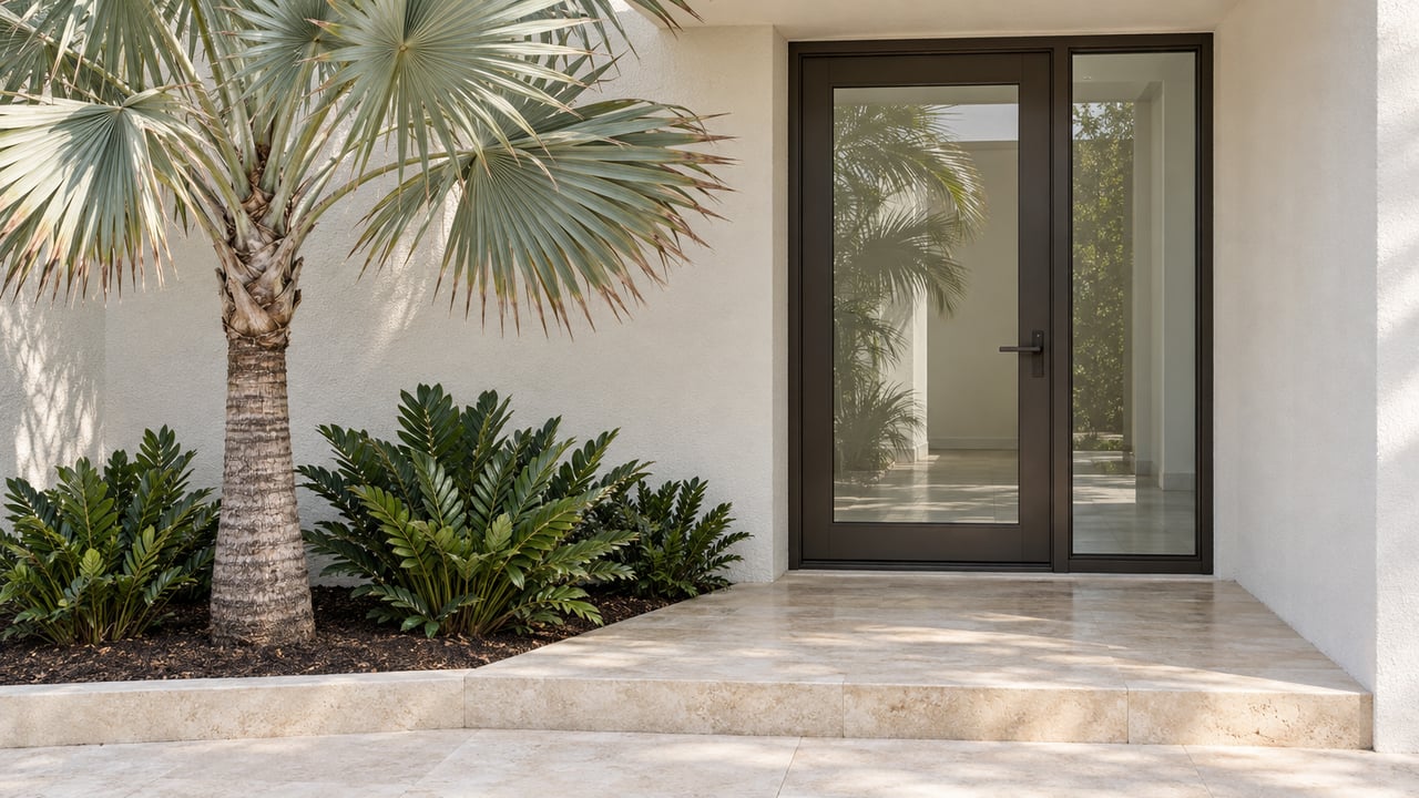White stucco home entry with bronze-framed glass door, limestone landing and a silver fan palm.