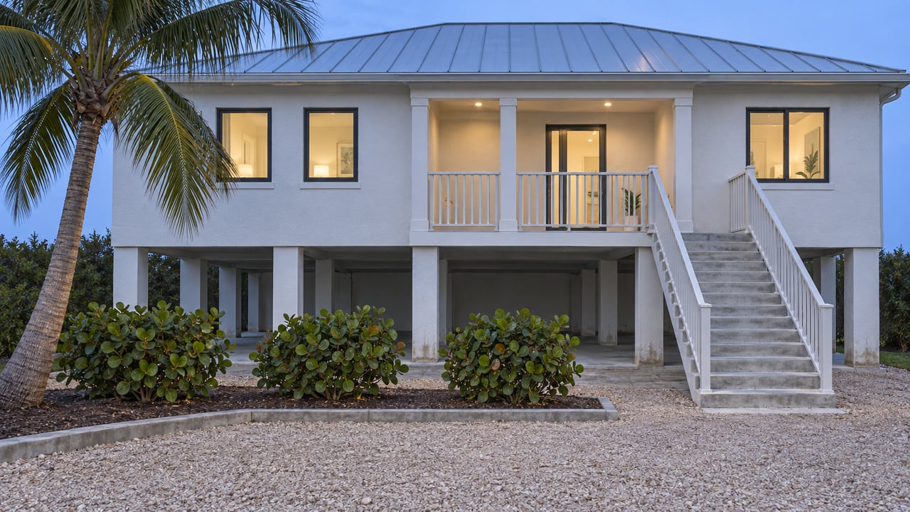 Elevated white stucco home at twilight with a concrete entry stair, warm windows, a coconut palm and sea grape planting.