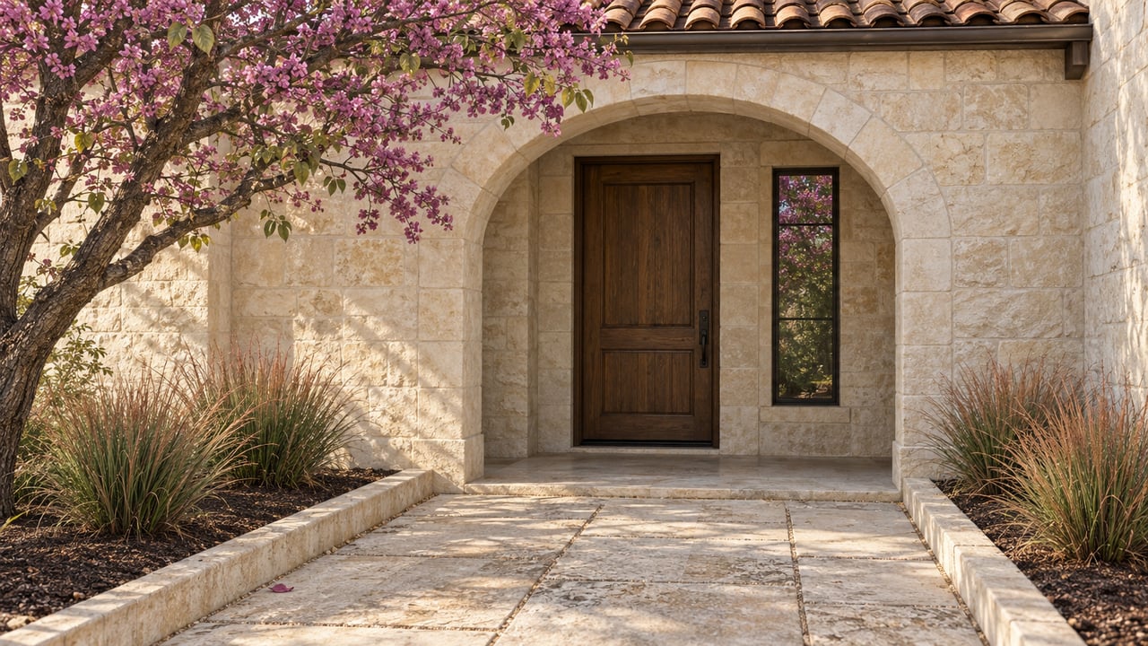 Buff limestone arch framing a recessed oak door, with a redbud tree and raised planting beds beside the approach.