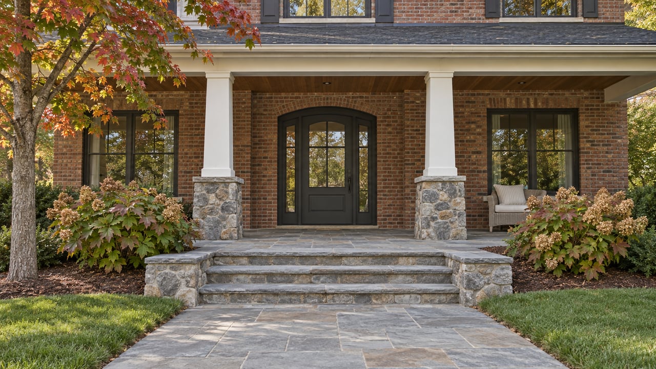 Brick home entry with white porch columns, gray stone steps, oakleaf hydrangeas and a red maple branch in early autumn.