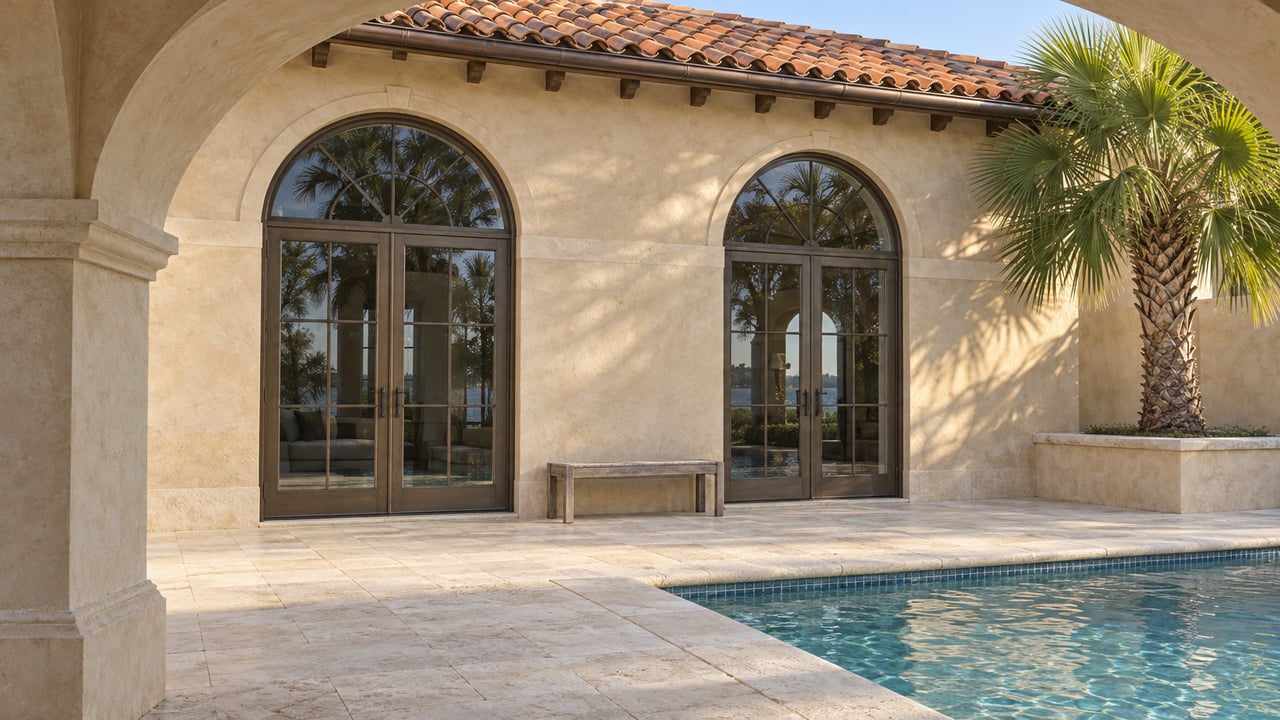 Sand-stucco villa courtyard with arched bronze-framed glass doors, clay roof tiles, limestone terrace and a blue-green pool corner beneath a fan palm.