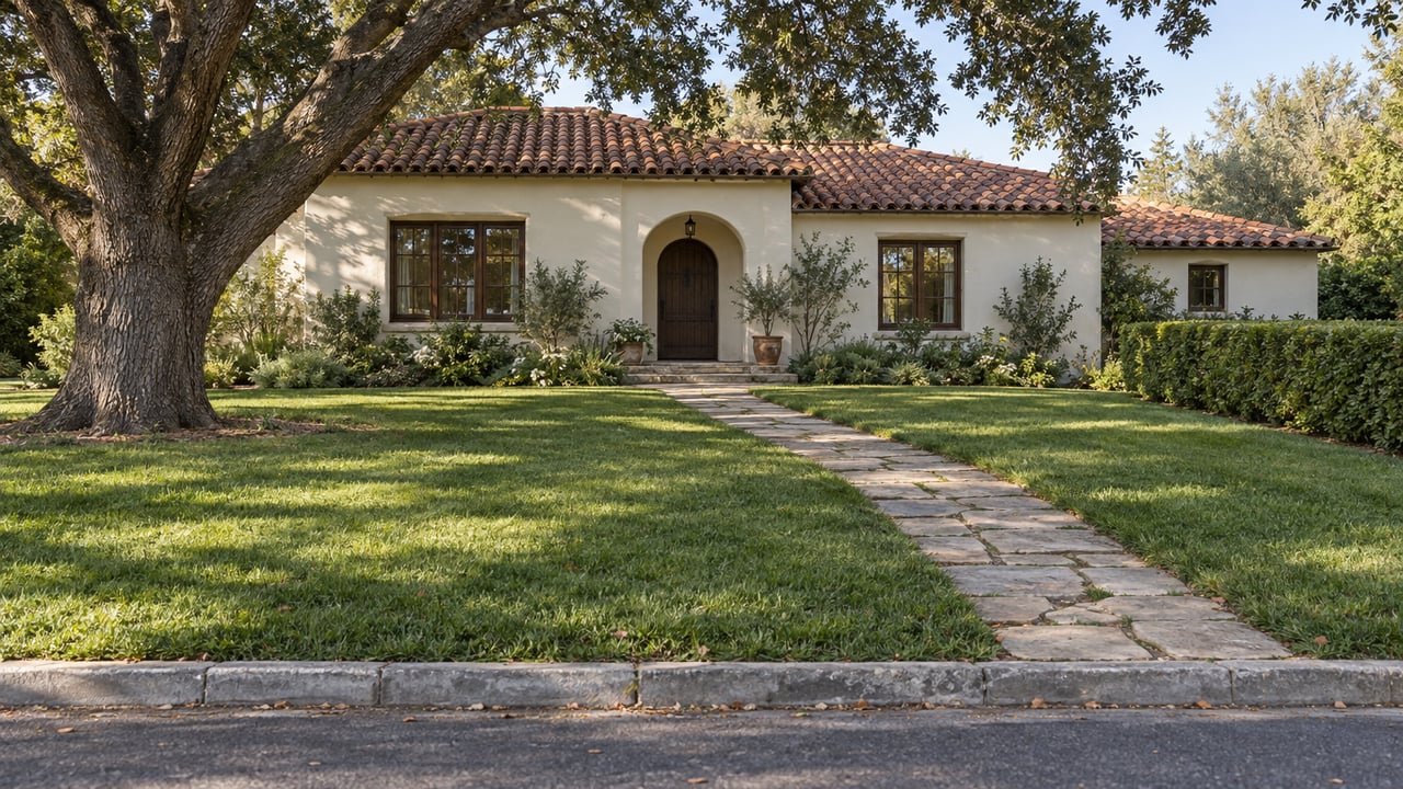 Cream plaster estate house behind a broad lawn and diagonal stone path, with an oak tree and red tile roof.