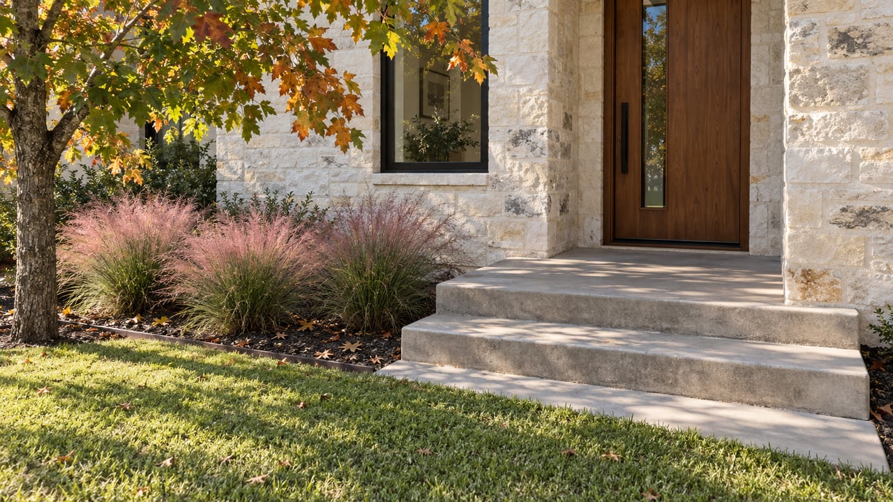 Limestone house entry with a wood door, shallow steps, pink muhly grass, and a partly rust-colored oak canopy.