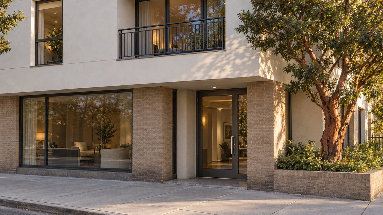 Ivory stucco apartment facade with recessed balconies and a brick-edged planter holding a peeling-bark tree.