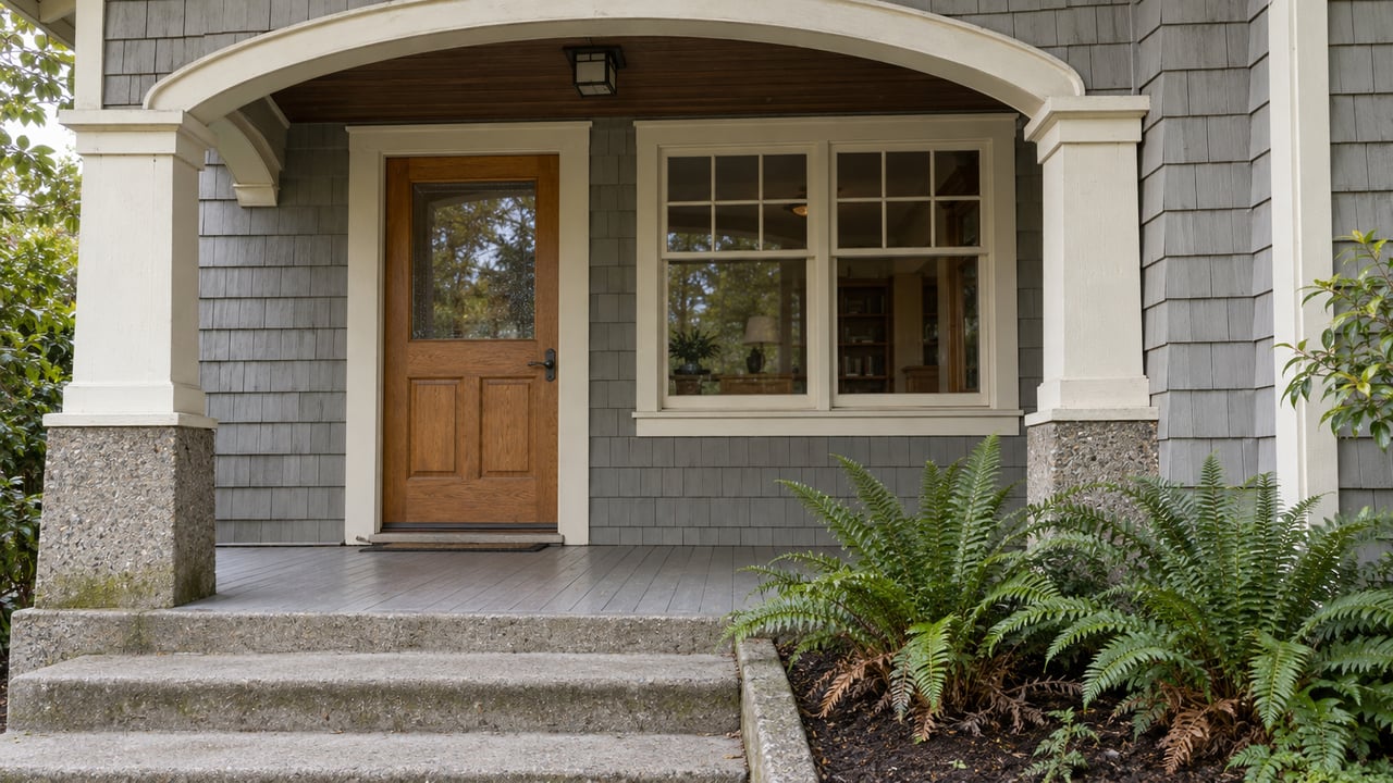 Arched timber porch of a grey shingled home, with a glazed oak door, cream window trim, weathered concrete steps, and sword ferns.