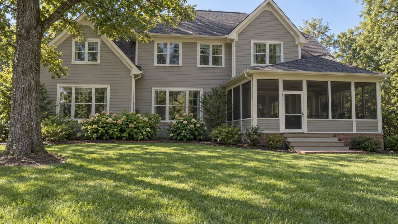 Gray two-story home with a screened porch, brick-edged planting beds, and a broad lawn beneath a mature white oak.