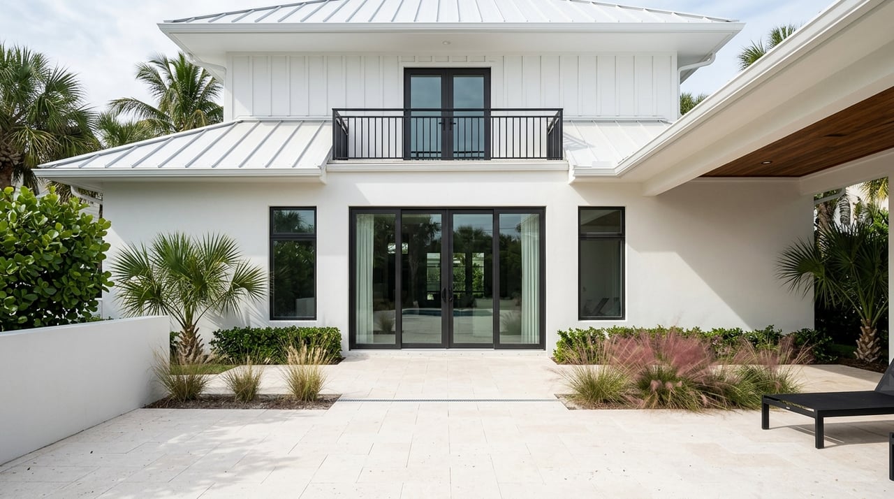 Modern white coastal home with a metal roof, black-framed windows, balcony, and tropical landscaping.