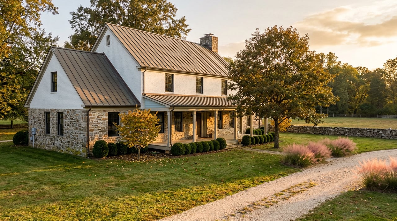 Two-story stone and white-brick estate with a bronze roof, front porch, gravel drive, and broad lawn.
