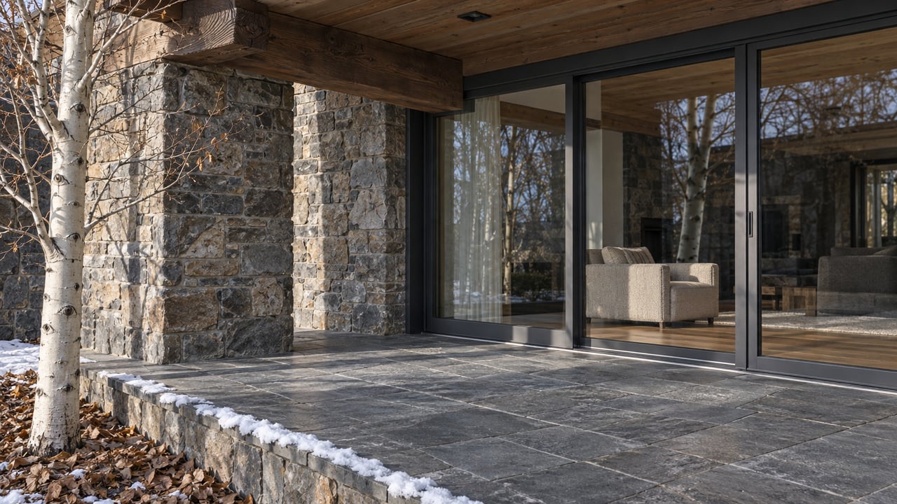Winter sunlight crosses a sheltered stone terrace beside timber beams and closed glass doors, with traces of snow near a bare aspen.