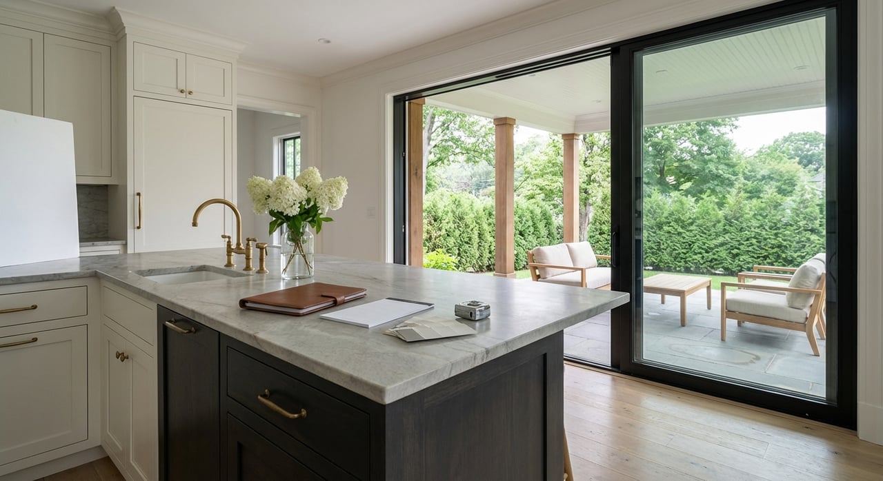 A kitchen island faces a covered patio beyond the open threshold.