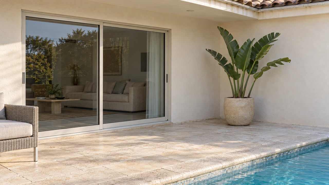 Sunlit limestone patio beside an ivory stucco home, with closed sliding glass doors, a potted white bird of paradise and a blue pool edge.