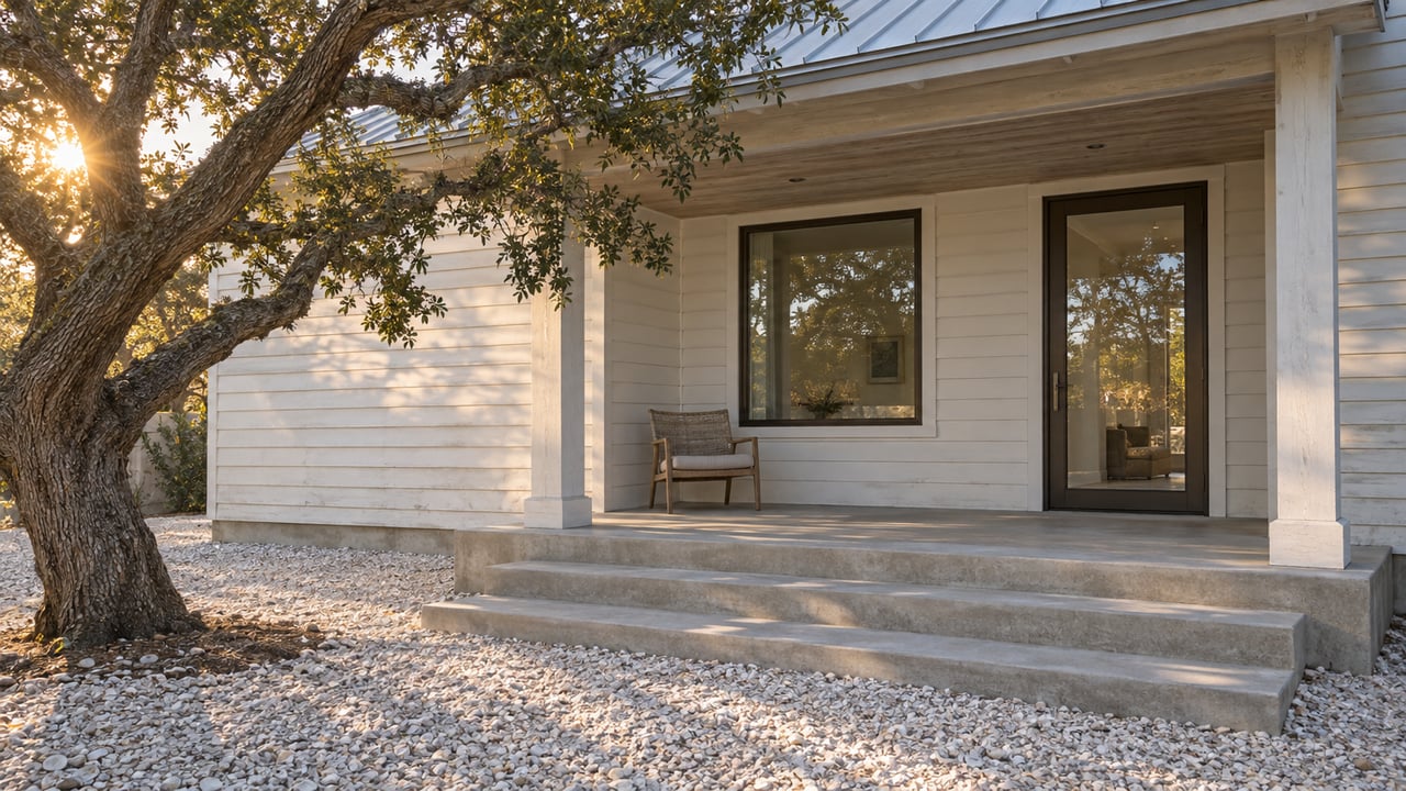 Coastal cottage with ivory siding, glazed entry, shell-gravel forecourt, concrete steps, and a live oak at left.