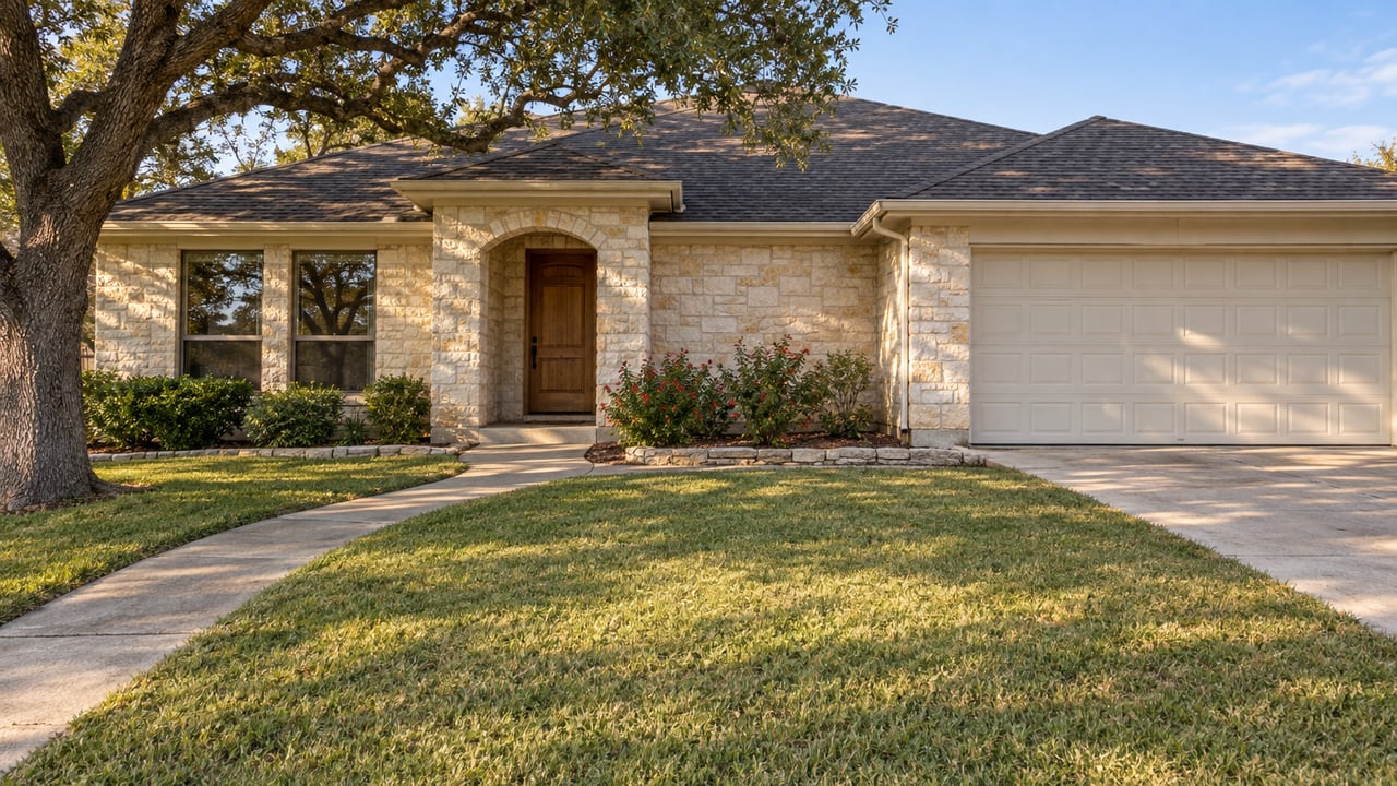 Pale limestone home with an arched entry, mature live oak and a deep front lawn in warm afternoon light.