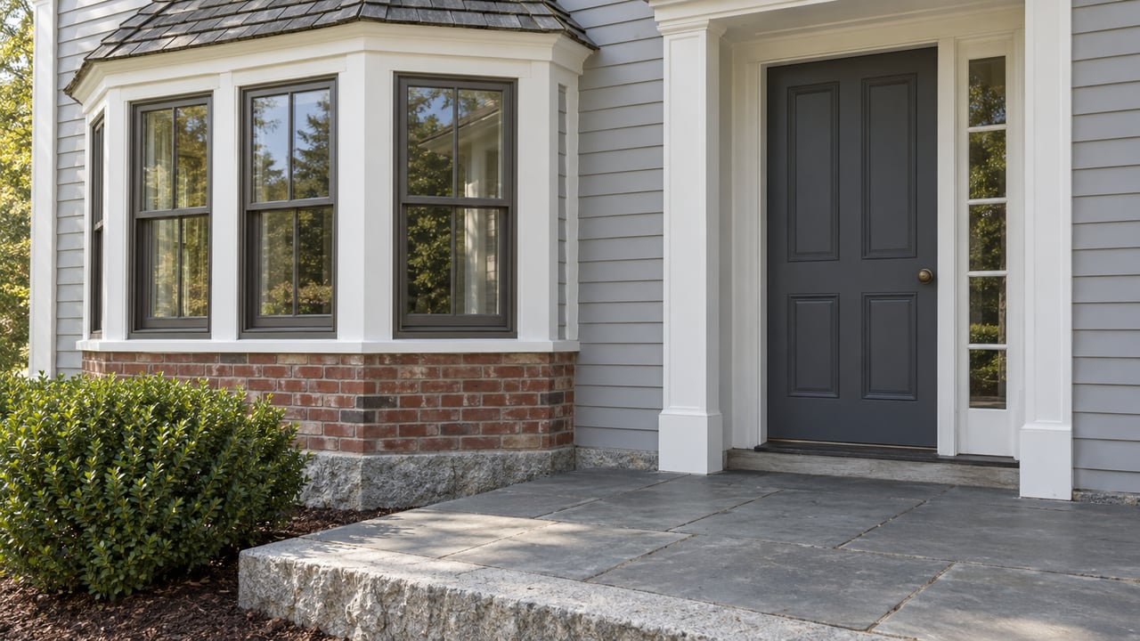 Gray clapboard house with a three-sash bay window, recessed paneled door, and bluestone entry landing.