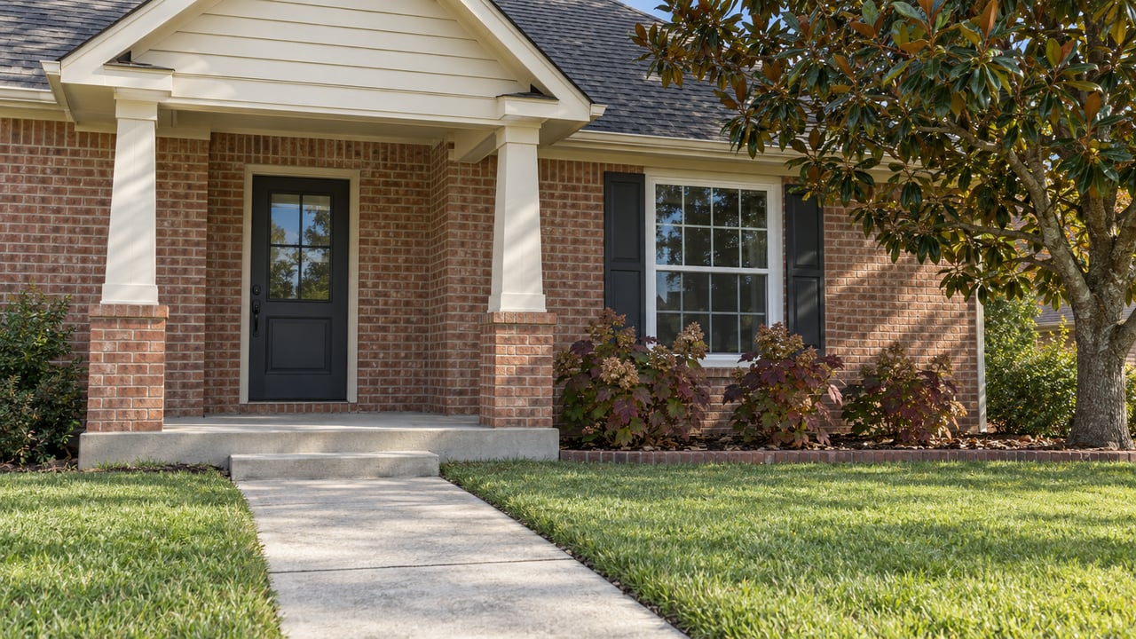 Brick home entry with a cream-sided gable, two porch columns, a concrete approach and an autumn oakleaf hydrangea bed beside a magnolia.