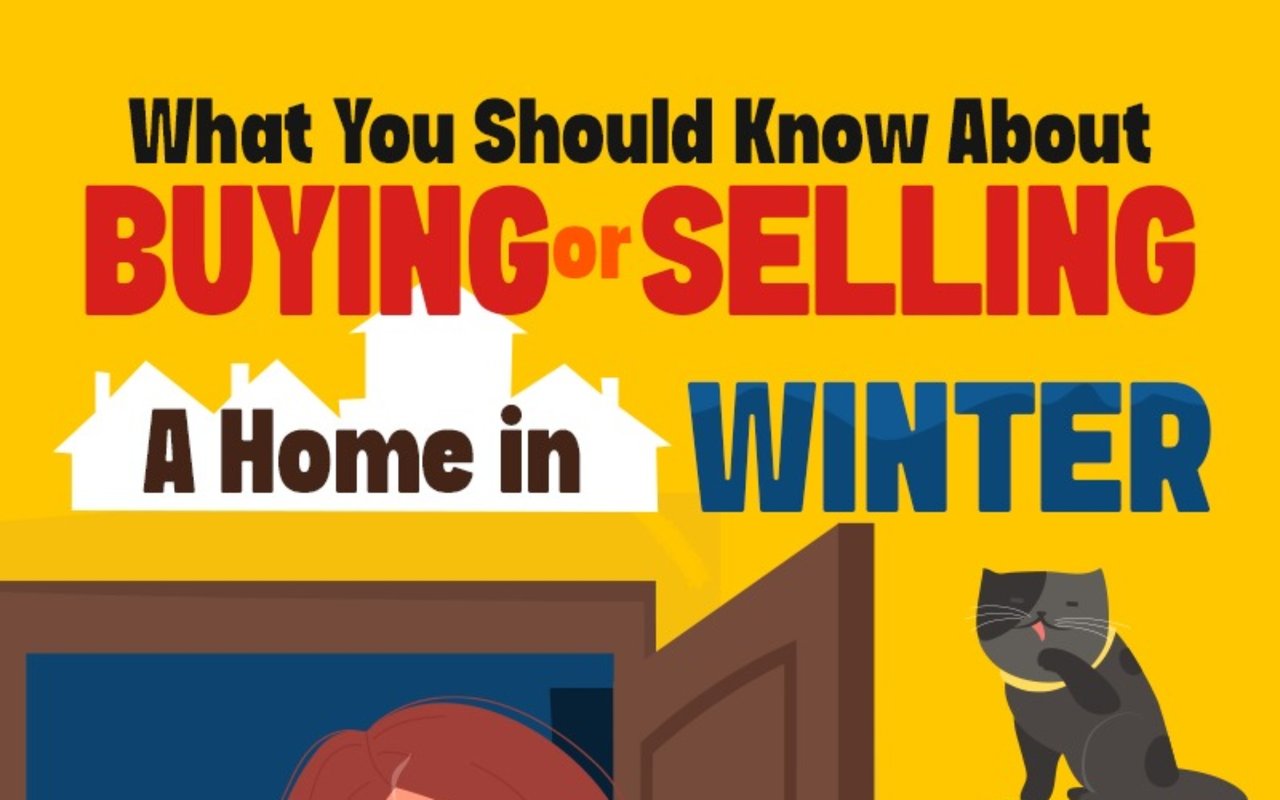 Illustrated graphic about buying or selling a home in winter, with house silhouettes, an open door, and a cat.